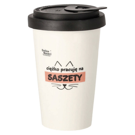 Dolina Noteci 300 ml porcelain mug with a black lid. I work hard for those sachets